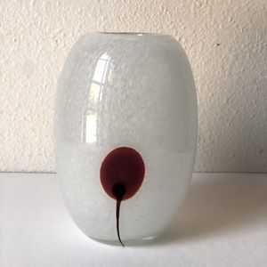 Minimalist Modern White Speckles Art Glass Vase with Red Flower